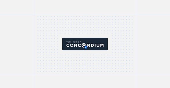 A minimalist graphic with a light dotted background displaying a dark badge that reads 'VERIFIED BY CONCORDIUM'.
