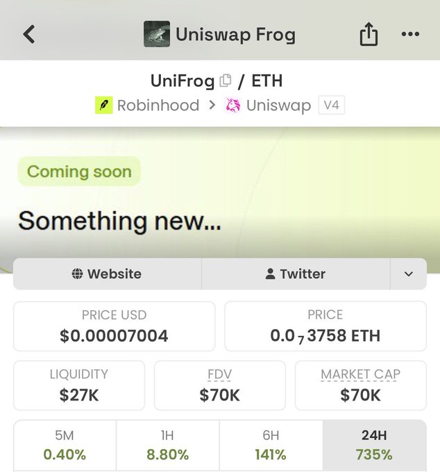 The image shows a Robinhood trading page for the token "UniFrog" (UniFrog/ETH) on the Uniswap V4 launchpad, marked "Coming soon" with a "Something new..." banner, priced at $0.00007004 (~0.00003758 ETH) and a market cap of $70K. It highlights the token's official Uniswap launchpad origin and contract address (0x12BC14C180c8A46a34177ec6126B7209ad9A9818), as referenced in the post celebrating UniFrog as an official Uniswap launchpad creation.