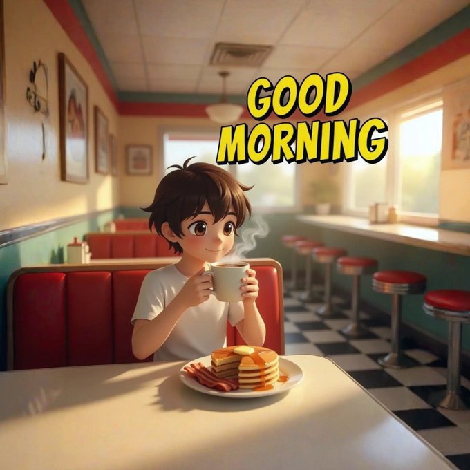 An animated scene shows a young boy with brown hair sipping from a steaming mug at a diner table, with a plate of pancakes and bacon in front of him and the text 'GOOD MORNING' displayed prominently.