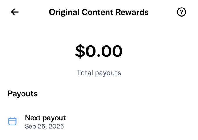 Screenshot of an "Original Content Rewards" page showing "$0.00 Total payouts" with a "Next payout" scheduled for Sep 25, 2026.