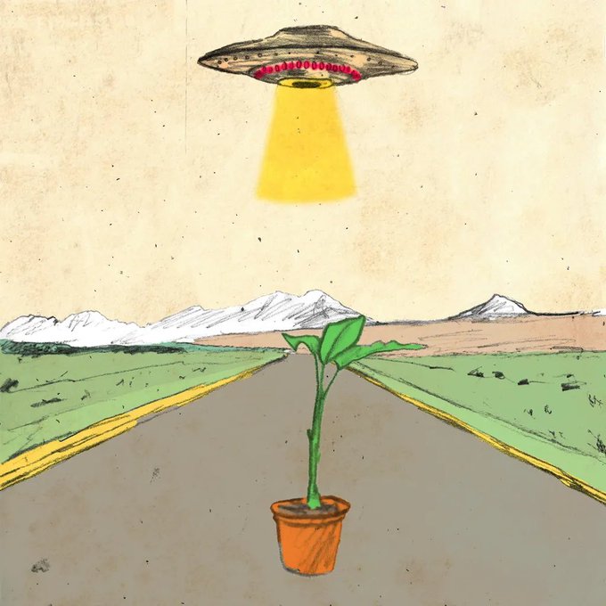 A hand-drawn illustration depicting a UFO hovering over a road, beaming a yellow tractor beam onto a small potted plant in the foreground, with mountains and green fields in the background.