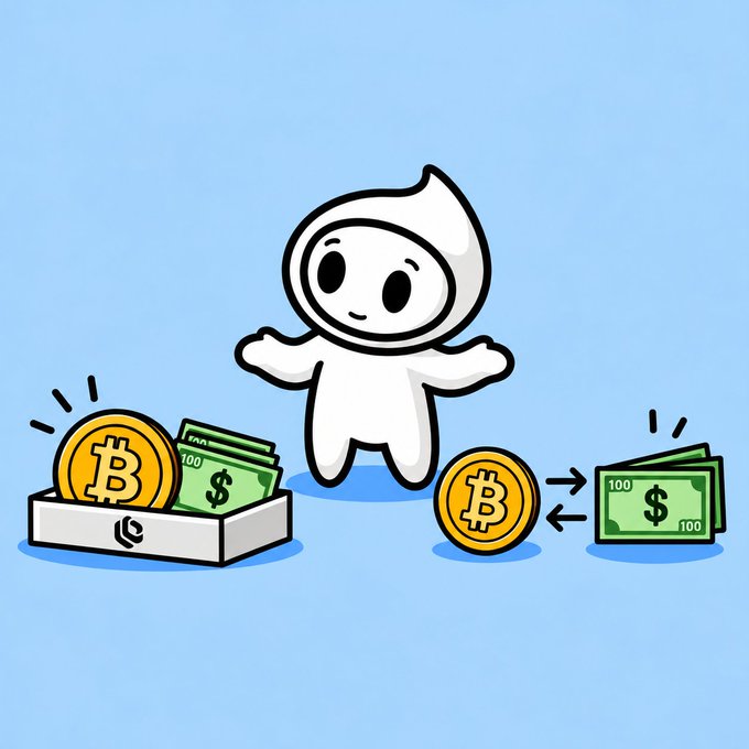 Cartoon ghost character standing between a tray of Bitcoin and cash, and arrows showing the exchange between a Bitcoin coin and $100 bills.