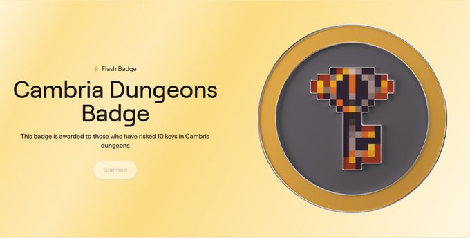 A digital 'Cambria Dungeons Badge' awarded for risking 10 keys in Cambria dungeons, featuring a pixelated key design.