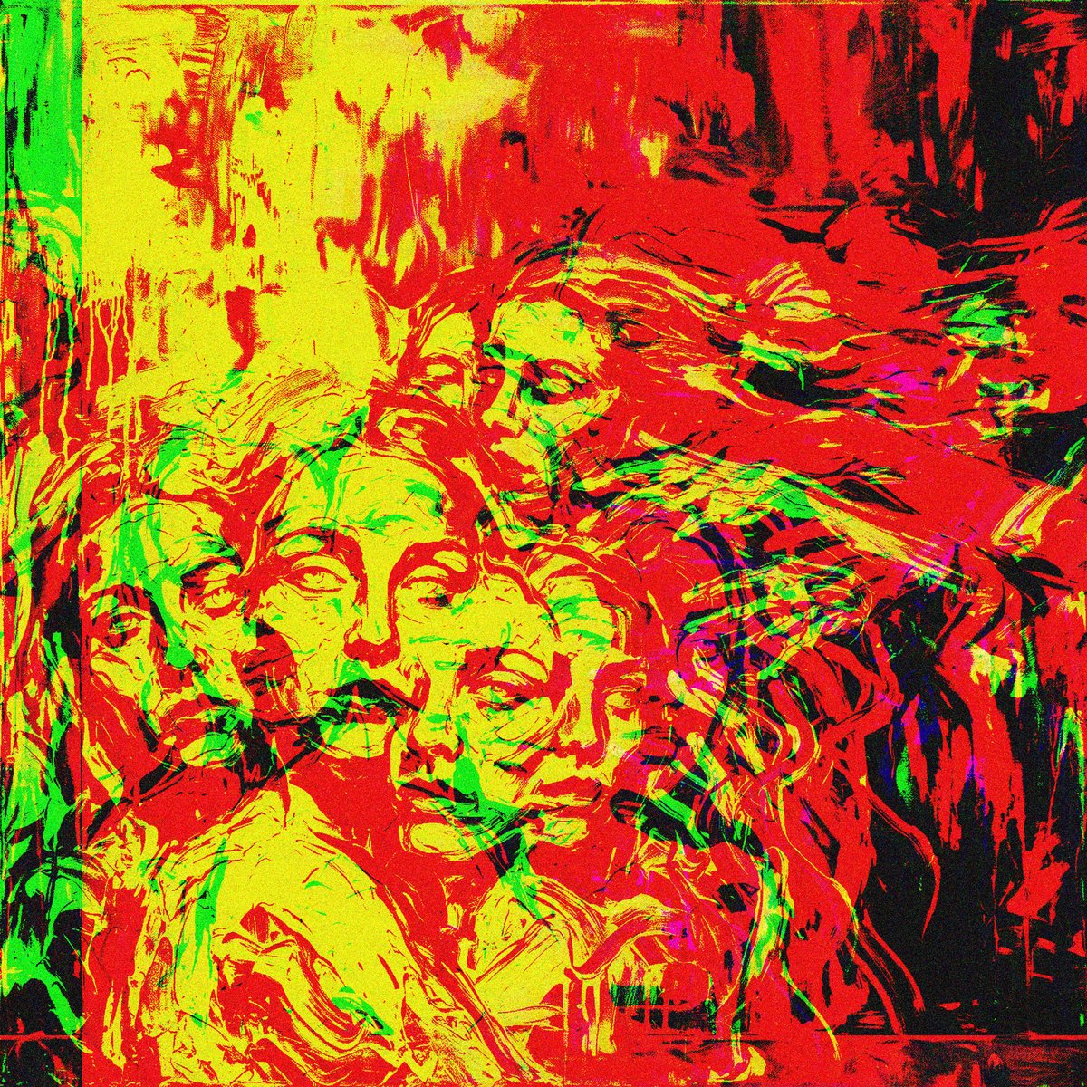 The image features a painting with a chaotic background of red, black, and yellow colors. The painting includes multiple figures that appear to be human-like, giving the impression of a group of people or characters. The caption "Gm, it'S #TEZOSTUESDAY!" is written above the painting, which seems to be related to the post about chaos wearing many faces.