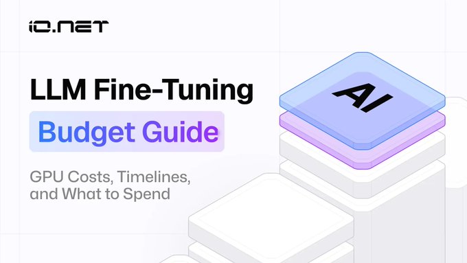 "LLM Fine-Tuning Budget Guide" by io.net, featuring a 3D stack of AI-themed blocks, illustrating the cost comparison between expensive API fine-tuning and affordable decentralized GPU fine-tuning for large language models.