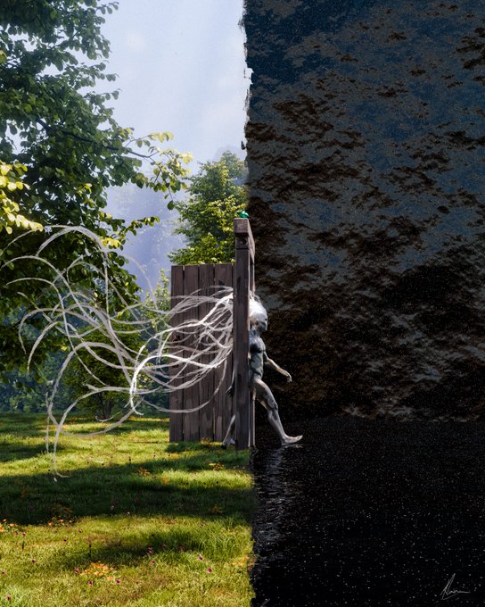 A surreal digital artwork depicting a wooden gate dividing a bright, sunlit forest on the left from a dark, abyssal void on the right, with a humanoid figure walking between them and white ethereal tendrils emerging from the gate.