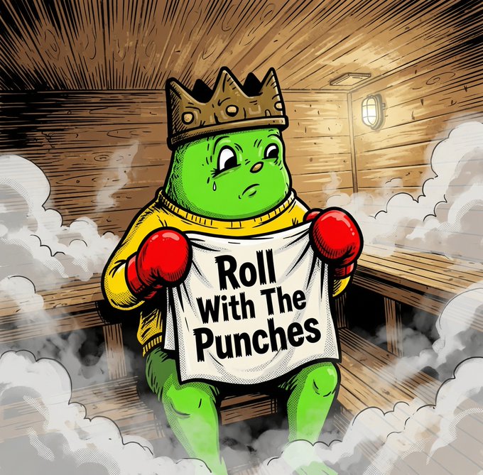 A cartoon illustration of a crying green frog-like character wearing a golden crown and boxing gloves, sitting in a sauna while holding a towel that reads 'Roll With The Punches'.