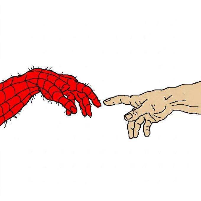 A parody of Michelangelo's 'Creation of Adam' showing a hairy red spider-webbed cartoon hand reaching toward a normal human hand reaching from the opposite side against a white background.