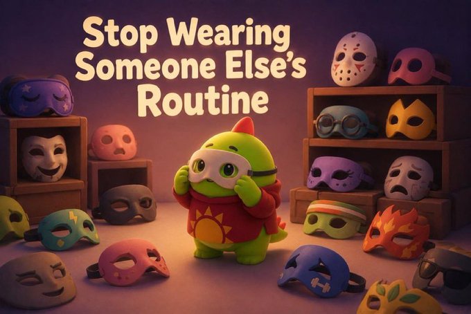 An illustration featuring a green character surrounded by various colorful masks with the text 'Stop Wearing Someone Else's Routine' displayed prominently.