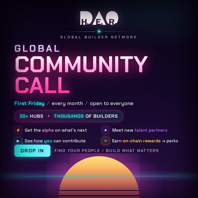 H.E.R Global Builder Network promotional graphic for a 'GLOBAL COMMUNITY CALL' held on the first Friday of every month, open to everyone with 20+ hubs and thousands of builders, featuring a retro sunset design.