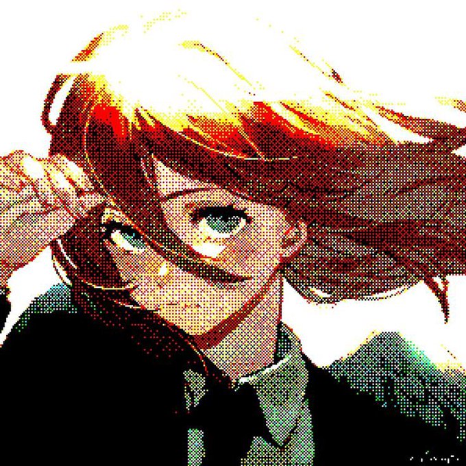 A stylized, halftone-dotted anime-style illustration depicts a young person with reddish hair and blue eyes touching their hair, looking toward the viewer.