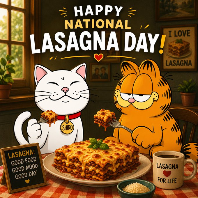 A cheerful illustration celebrates "Happy National Lasagna Day!" featuring cartoon cats Garfield and Shiro happily eating lasagna, surrounded by props like a "Lasagna for Life" mug, a chalkboard reading "Lasagna: Good Food Good Mood Good Day," and an "I Love Lasagna" sign — perfectly matching the post's tribute to Garfield and the $SHIRO token's playful lasagna-themed holiday celebration.
