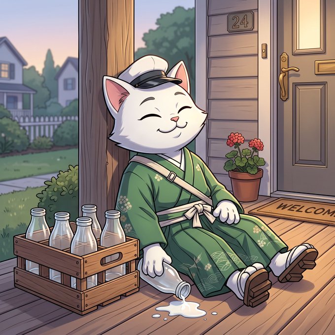 A digital illustration of a smiling white cat wearing a green kimono and a white cap, sitting on a porch of house number 24 next to a crate of glass bottles, with one spilled on the wooden floorboards.
