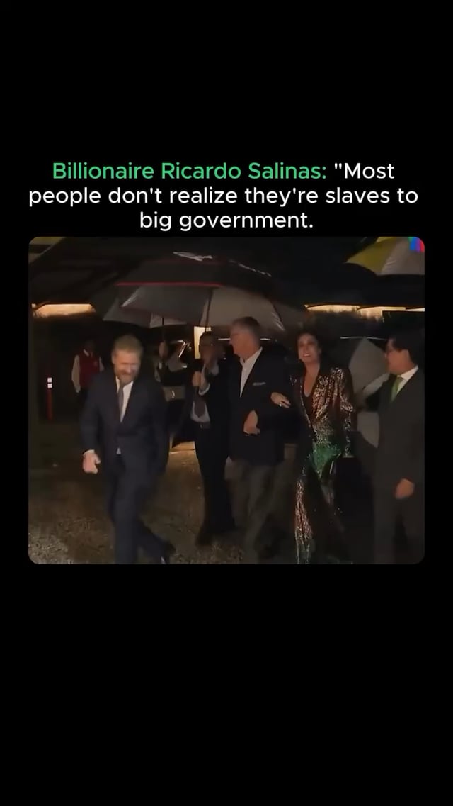 The image shows a group of people walking down a street at night, with some holding umbrellas. There are two posts visible in the image - one that reads "Billionaire Ricardo Salinas' Most People Don't Realize They're Big Government", and another that says "Study Bitcoin". The first post is about a man named Ricardo Salinas who is known for his involvement in big government, while the second post is related to Bitcoin.