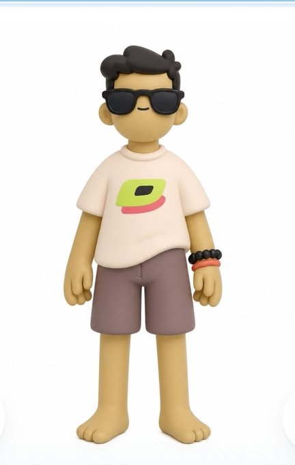 A 3D rendered cartoon avatar of a young man wearing black sunglasses, a peach t-shirt with a green and pink logo, purple shorts, and a beaded bracelet stands against a white background.