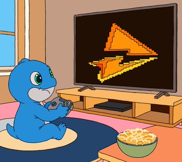 A blue cartoon dragon sits cross-legged on a rug, holding a game controller while playing a retro pixel-art spaceship shooter on a flat-screen TV, with a bowl of popcorn nearby. The image playfully illustrates the post's message—just as the simple game controller translates complex inputs into on-screen action, Fermah transforms intricate computation into usable applications with built-in proof verification.