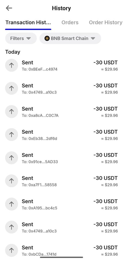 A BNB Smart Chain transaction history showing multiple outgoing transfers of -30 USDT (≈$29.96 each) to various wallet addresses, supporting the post's claim of sending USDT to recipients who are encouraged to share proof in quoted comments.