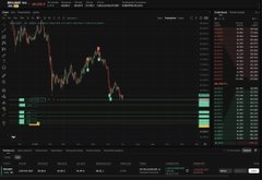 A cryptocurrency trading chart on a dark interface showing a candlestick price graph with red and green candles and an order book on the right side.