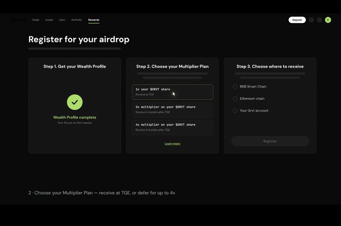 A screenshot of the QNT website showing a "Register for your airdrop" page with three steps: Get your Wealth Profile, Choose your Multiplier Plan, and Choose where to receive (BNB Smart Chain, Ethereum chain, or Qnx account).