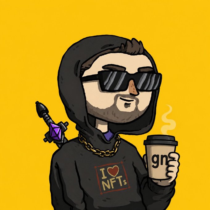 A cartoon avatar of a bearded man wearing sunglasses, a black hoodie with an 'I ❤️ NFTs' graphic, holding a coffee cup labeled 'gn' and a sword with a purple crystal.