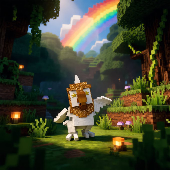 A Minecraft-style character resembling a bird wearing a gold star-covered outfit stands in a blocky forest under a rainbow.
