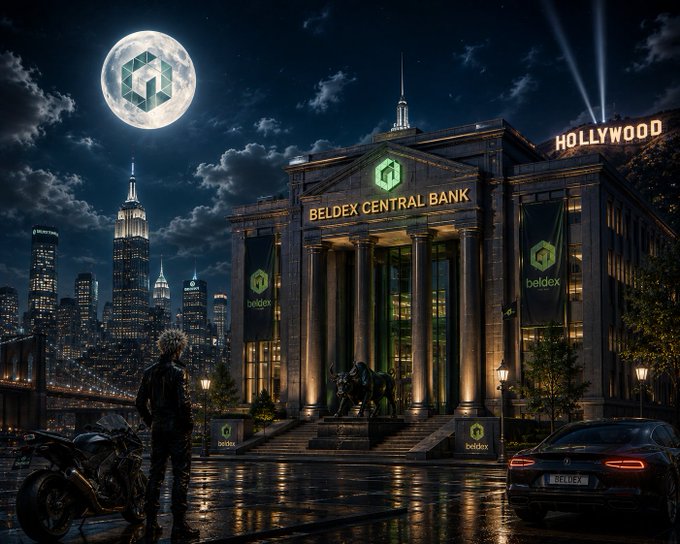 A stylized nighttime scene showing the 'BELDEX CENTRAL BANK' building with its logo illuminated, alongside a 'HOLLYWOOD' sign, a figure on a motorcycle, and a car with 'BELDEX' license plate under a full moon.