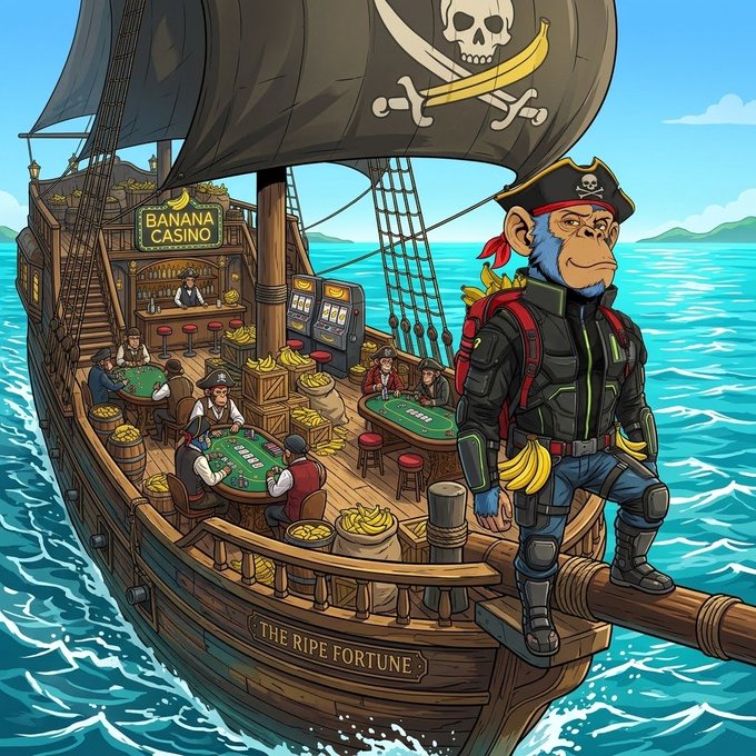 A colorful illustration depicts a pirate monkey standing on the bowsprit of a pirate ship called 'THE RIPE FORTUNE', which houses a 'BANANA CASINO' with slot machines and gambling tables on deck.