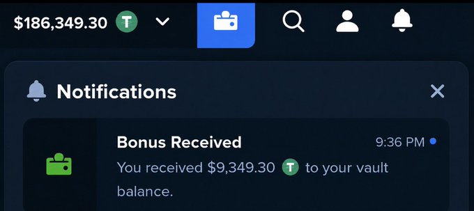 A screenshot of a Stake.com notifications panel shows a "Bonus Received" alert at 9:36 PM confirming a $9,349.30 T deposit to the user's vault, which matches the poster's claim of receiving a $9,349 bonus giveaway from Stake.