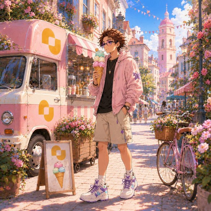 An anime-style illustration of a boy with brown hair and sunglasses holding a triple-scoop ice cream cone, standing in a picturesque, flower-adorned European town square next to a pink ice cream truck and bicycle.