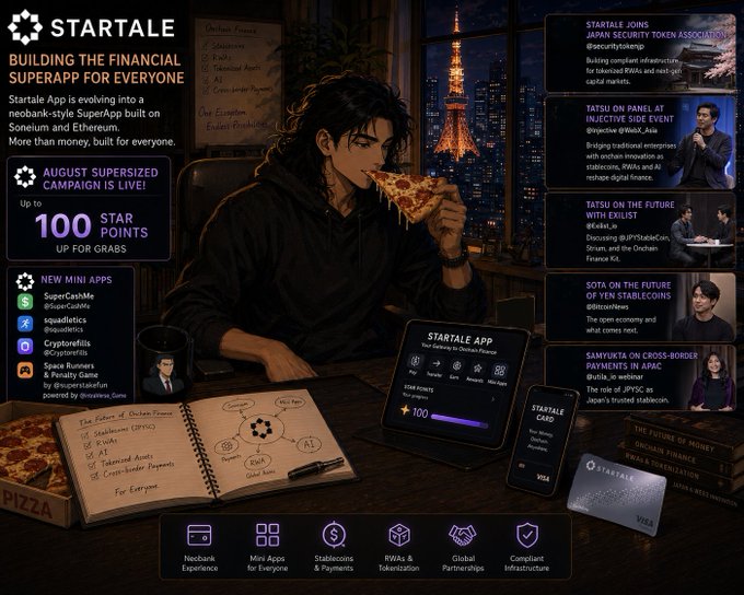 A promotional graphic for 'STARTALE' about building a 'FINANCIAL SUPERAPP FOR EVERYONE,' featuring anime-style art of a person eating pizza, surrounded by text panels mentioning RWAs, Stablecoins, and a Tokyo Tower background.