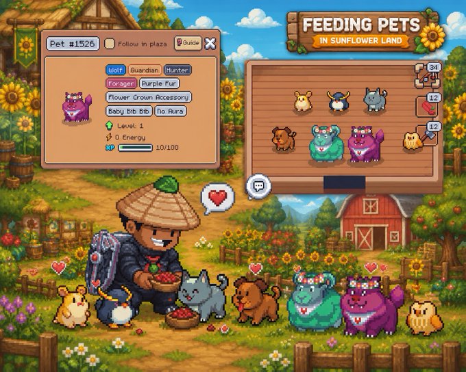 A pixel art game screenshot titled 'FEEDING PETS IN SUNFLOWER LAND' showing a character with a backpack feeding various pets, with an info panel displaying 'Pet #1526' with traits like 'Wolf', 'Guardian', 'Hunter', 'Forager', 'Purple Fur', 'Flower Crown Accessory', 'Baby Bib Bib', 'No Aura' at Level 1 with 10/100 XP.