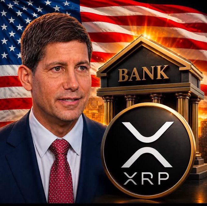 The image shows a man in a navy suit and red tie (identified in the caption as Fed Chair Kevin Warsh) alongside a Greek-style building labeled "BANK," a large XRP cryptocurrency logo, and an American flag backdrop with a city skyline. The visual composition reinforces the post's claim by pairing a Federal Reserve figure with XRP branding and patriotic imagery, symbolizing the U.S. embracing XRP and crypto as part of its financial future.