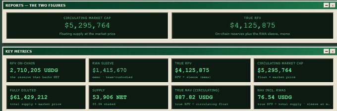 The image shows a financial dashboard titled "REPORTS - THE TWO FIGURES" displaying circulating market cap of $5,295,764 and True REV of $4,125,875, with key metrics for RWA including NAV fully diluted of $61,429,212, Supply of 53,906 NET, and NAV fully diluted of 76.54 USDG, reflecting the post's reference to $AI and $NET tokens at low market caps with significant NAV potential despite price declines.