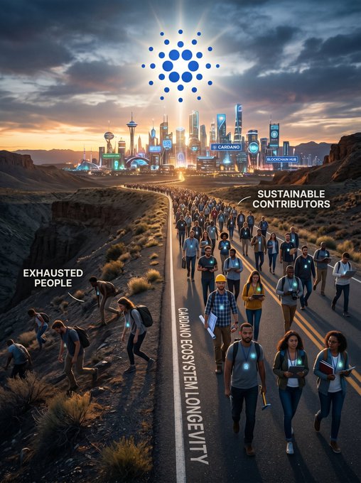 A conceptual image showing a Cardano ecosystem-themed split road, with 'EXHAUSTED PEOPLE' on a barren left side and 'SUSTAINABLE CONTRIBUTORS' walking toward a futuristic city on the right.
