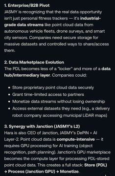 **Caption:** A slide detailing JASMY's enterprise pivot and data marketplace evolution, highlighting key points on real-time data streams, the transition of the PDL into a data hub, and synergy with Janction's GPU marketplace for AI processing.

**Connection to post:** The slide visually outlines the strategic shift described in the post, breaking down JASMY's transformation from a personal data vault (Store) to an enterprise-grade DePIN stack integrating Janction's compute layer (Process), ultimately enabling data monetization (Monetize).