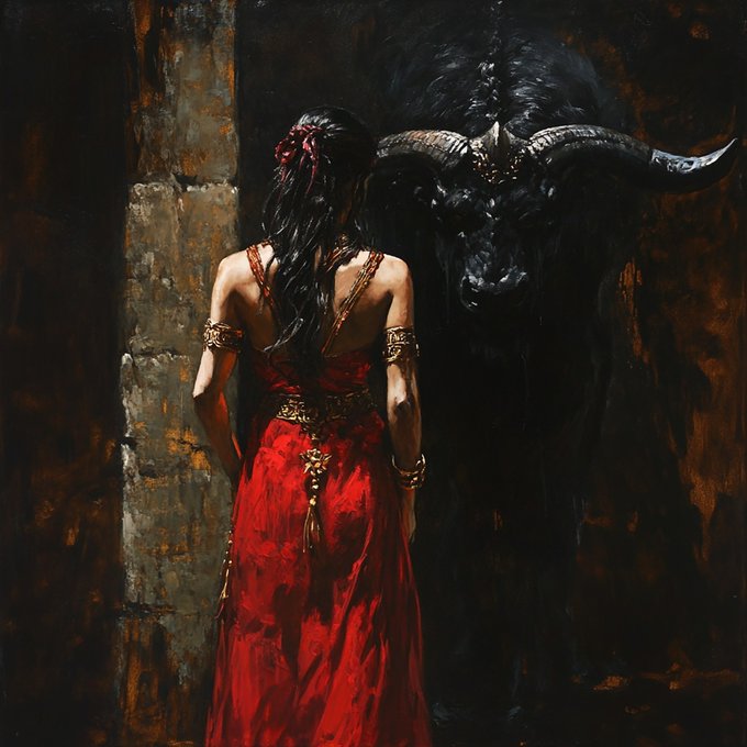 A woman in an elegant red gown stands with her back to the viewer before a dark, imposing bull with large curved horns emerging from shadowy stone surroundings. The painting visually echoes the post's reference to "The Bull and Europa," depicting the mythological moment of encounter between the maiden and the divine beast.