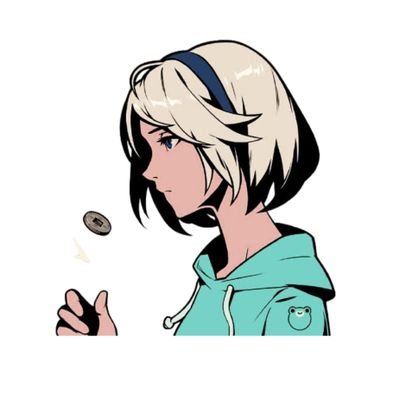 An anime-style illustration of a blonde girl with a blue headband tossing a coin, wearing a teal hoodie.