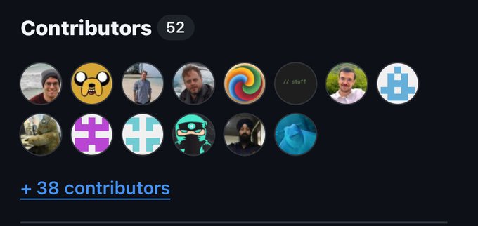 A 'Contributors' section showing 52 contributors with circular profile pictures and avatars, with a link indicating '+ 38 contributors' below.