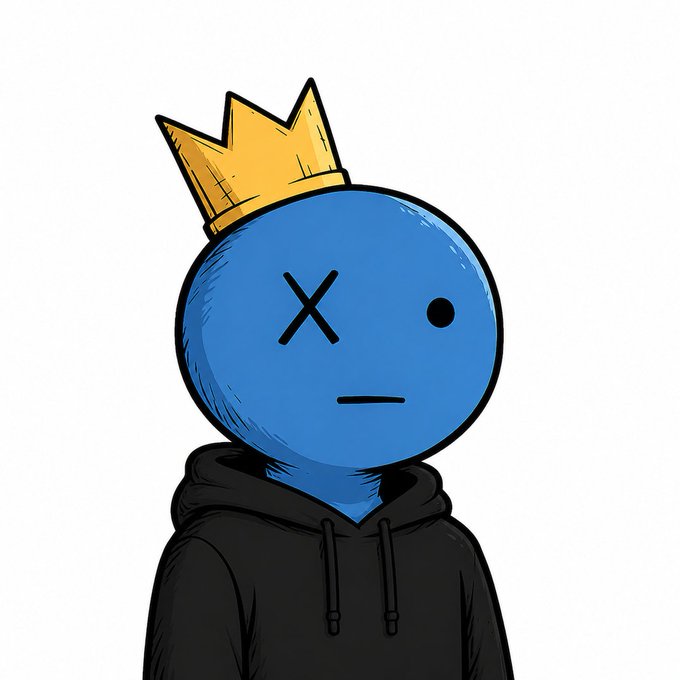 A cartoon illustration of a blue round-faced character with X eyes wearing a yellow crown and a black hoodie.