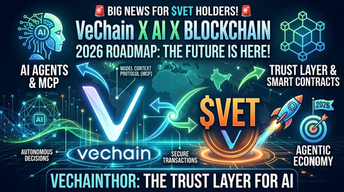A roadmap graphic for VeChainThor titled 'VECHAINTHOR: THE TRUST LAYER FOR AI' covering the 2026 roadmap including AI Agents & MCP, Model Context Protocol, Trust Layer & Smart Contracts, Autonomous Decisions, Secure Transactions, and Agentic Economy.