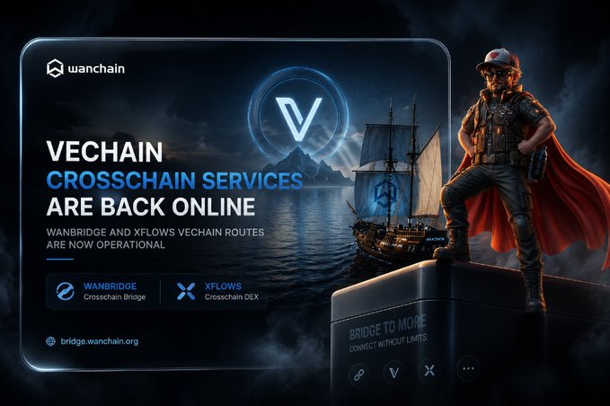 A promotional graphic announces "VECHAIN CROSSCHAIN SERVICES ARE BACK ONLINE," featuring the WanChain logo, a VeChain "V" emblem, a sleek pirate figure, and a ship sailing toward a glowing mountain, with callouts for WanBridge and XFlows Vechain routes now operational at bridge.wanchain.org—visually reinforcing the post's announcement that VeChain cross-chain support has been reactivated through WanBridge and XFlows.