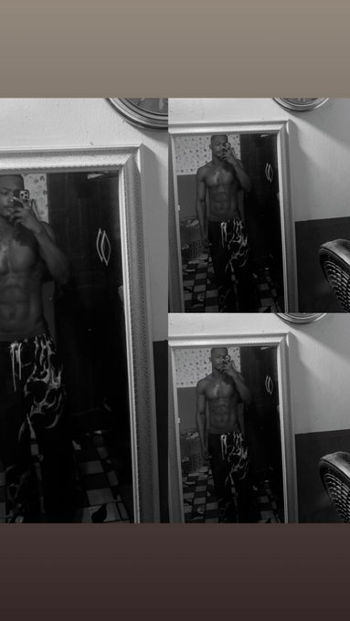 A collage of black-and-white mirror selfies showing a shirtless man wearing flame-patterned pants.