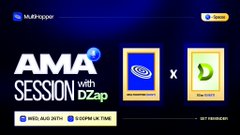 A promotional graphic for a MultiHopper AMA Session hosted on X Spaces, featuring the MultiHopper and "D zap" logos on a dark blue background, scheduled for Wednesday at 5 PM UK / 4 PM UTC. The image directly supports the post's announcement of an upcoming Twitter Spaces discussion between MultiHopper and its partner about their collaboration and future plans.