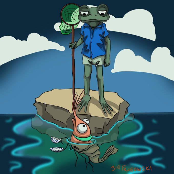 A cartoon illustration of a frog in a blue shirt standing on a rock with a net, next to an orange fish emerging from the water below, signed 'Big Frybowski'.