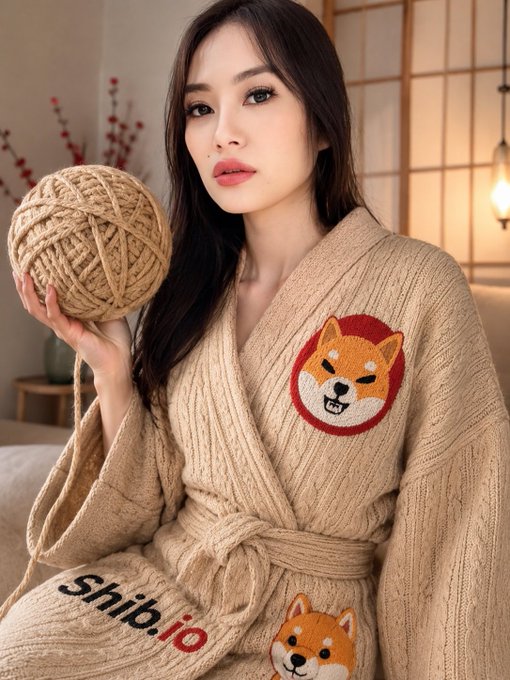 A woman in a beige Shiba Inu-themed bathrobe holds a ball of yarn, with the text "shib.io" and Shiba Inu logos visible—aligning with the post's reference to $SHIB and its playful, community-driven branding.