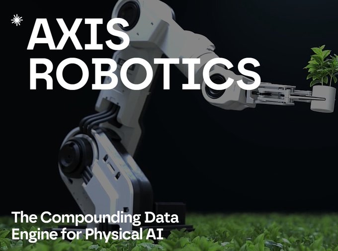 A promotional graphic for "AXIS ROBOTICS - The Compounding Data Engine for Physical AI," featuring a white robotic arm holding a potted plant over a green field.