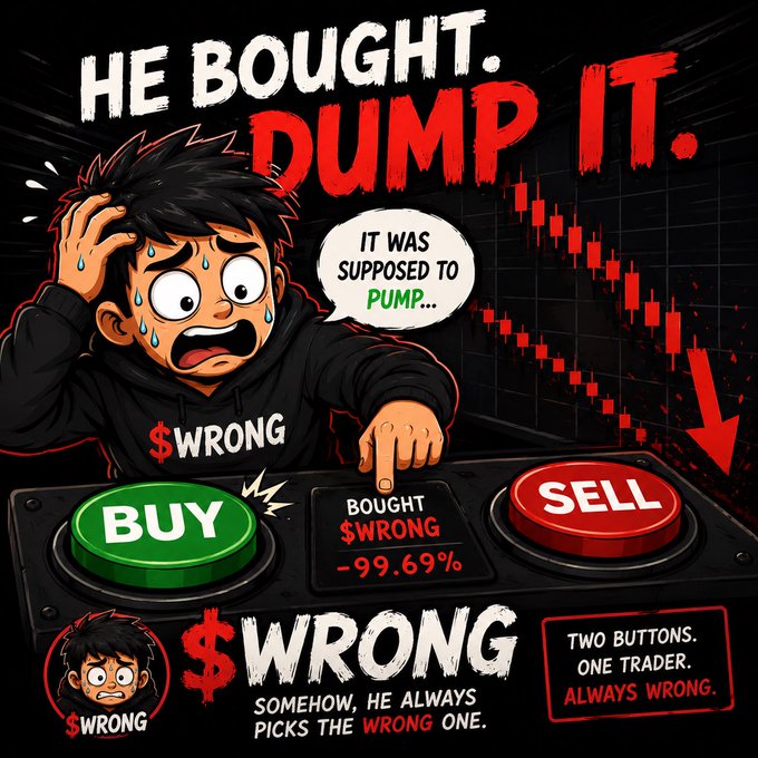 A cartoon-style meme depicting a panicked trader with the text 'HE BOUGHT. DUMP IT.' and 'IT WAS SUPPOSED TO PUMP...', showing $WRONG with a -99.69% loss.