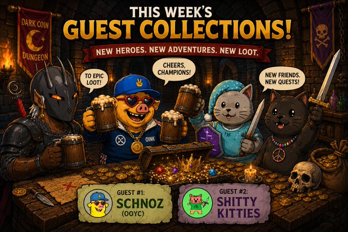 Promotional graphic titled 'THIS WEEK'S GUEST COLLECTIONS!' featuring cartoon characters including a pig named Schnoz and Shitty Kitties, announcing new heroes, adventures, and loot in a dungeon setting with 'GUEST #1: SCHNOZ (OOYC)' and 'GUEST #2: SHITTY KITTIES' labels.