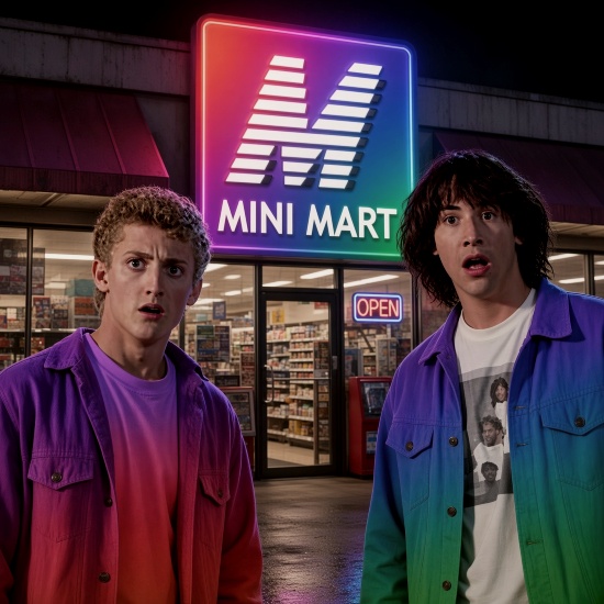 Two young men in vibrant gradient jackets standing in front of a neon 'MINI MART' sign, with a 'MUSK' logo above them and an 'OPEN' sign on the door.