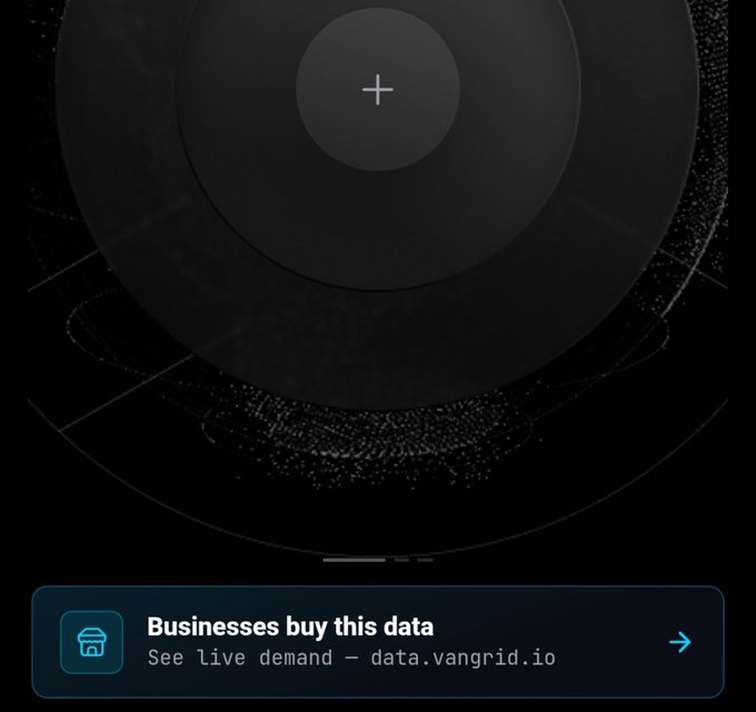 A dark-themed data visualization app interface from vangrid.io displays 'Businesses buy this data' at the bottom, showing a circular chart with a crosshair icon in the center.
